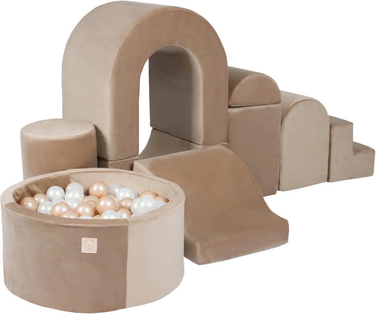 SpeelKasteel met ballenbak | Extensso® | Bouwblokken | Speeltuin | Foam | Inclusief Ballenbak met ballen | Goud velours | 7 cm ballen | Speeltoestel